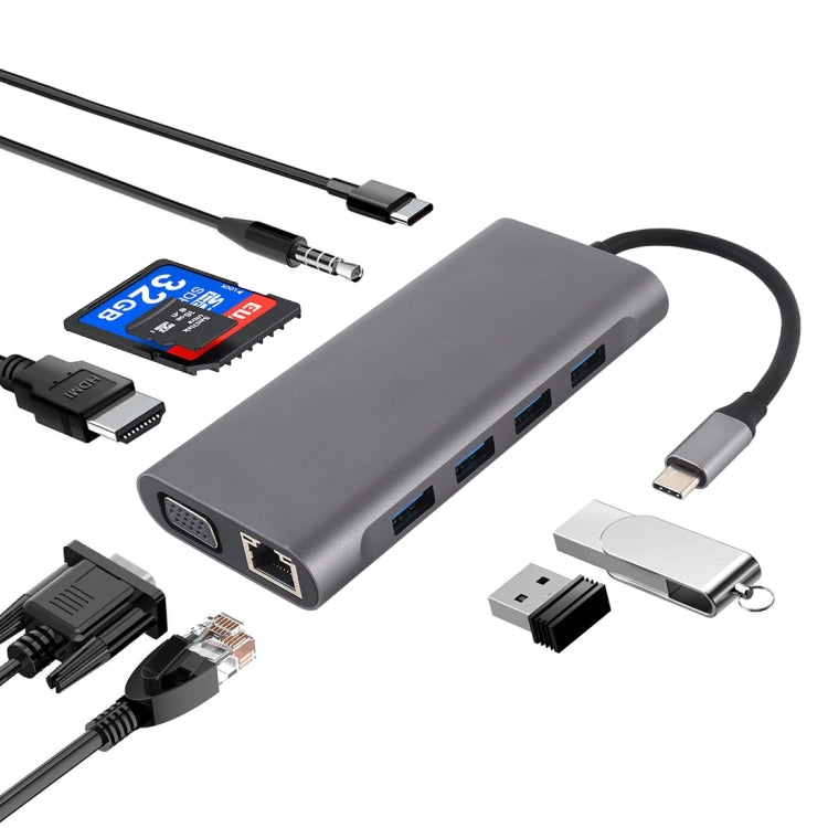 อะแดปเตอร์ HUB 11 in 1 ตัวเมีย VGA + พอร์ต LAN + USB 3.0 x 4 + การ์ด SD / TF + HDMI + พอร์ตเสียง + USB-C / Type-C เป็น USB-C / Type-C, 11 พอร์ตเป็น Type-C