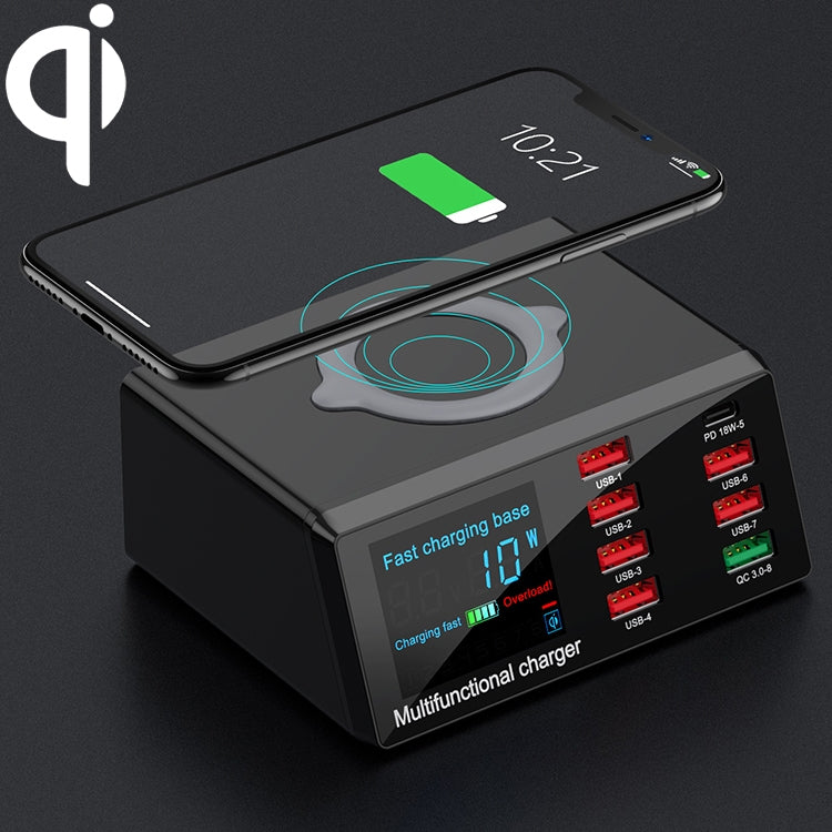 เครื่องชาร์จอเนกประสงค์ X9 9 in 1 QC 3.0 USB + 6 พอร์ต USB + พอร์ต PD 65W + ชาร์จเร็วไร้สาย QI พร้อมจอแสดงผล LED, X9
