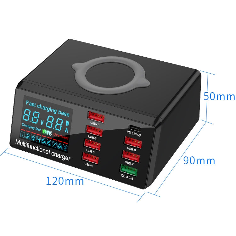 เครื่องชาร์จอเนกประสงค์ X9 9 in 1 QC 3.0 USB + 6 พอร์ต USB + พอร์ต PD 65W + ชาร์จเร็วไร้สาย QI พร้อมจอแสดงผล LED, X9