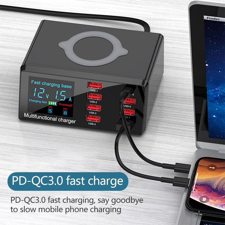 เครื่องชาร์จอเนกประสงค์ X9 9 in 1 QC 3.0 USB + 6 พอร์ต USB + พอร์ต PD 65W + ชาร์จเร็วไร้สาย QI พร้อมจอแสดงผล LED, X9