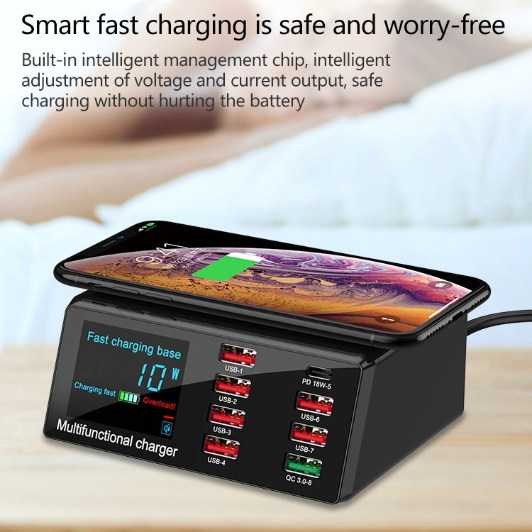 เครื่องชาร์จอเนกประสงค์ X9 9 in 1 QC 3.0 USB + 6 พอร์ต USB + พอร์ต PD 65W + ชาร์จเร็วไร้สาย QI พร้อมจอแสดงผล LED, X9