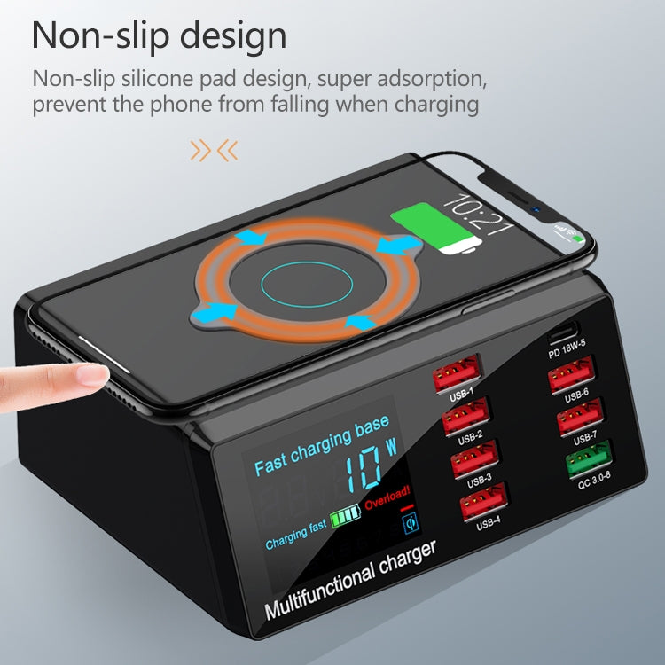 เครื่องชาร์จอเนกประสงค์ X9 9 in 1 QC 3.0 USB + 6 พอร์ต USB + พอร์ต PD 65W + ชาร์จเร็วไร้สาย QI พร้อมจอแสดงผล LED, X9