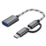 สายอะแดปเตอร์ถักไนลอน USB 3.0 ตัวเมียเป็น Micro USB + USB-C / Type-C ตัวผู้ สำหรับชาร์จและถ่ายโอนข้อมูล OTG ความยาวสาย 17 ซม., Micro USB 17 ซม. สีเทา, Micro USB 17 ซม. สีทอง