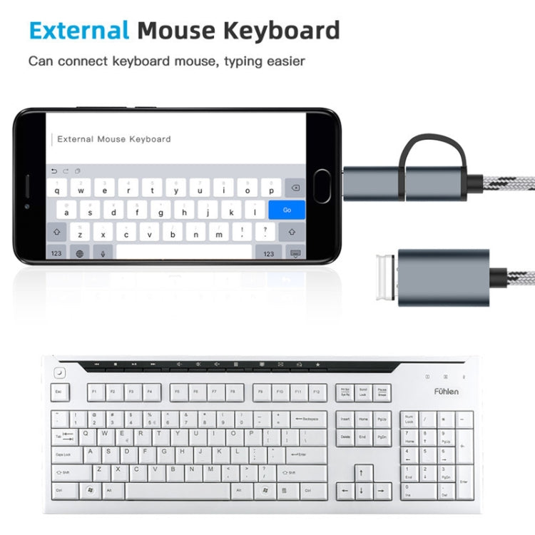 สายอะแดปเตอร์ถักไนลอน USB 3.0 ตัวเมียเป็น Micro USB + USB-C / Type-C ตัวผู้ สำหรับชาร์จและถ่ายโอนข้อมูล OTG ความยาวสาย 17 ซม., Micro USB 17 ซม. สีเทา, Micro USB 17 ซม. สีทอง