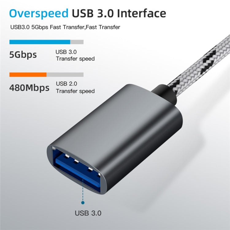 สายอะแดปเตอร์ถักไนลอน USB 3.0 ตัวเมียเป็น Micro USB + USB-C / Type-C ตัวผู้ สำหรับชาร์จและถ่ายโอนข้อมูล OTG ความยาวสาย 17 ซม., Micro USB 17 ซม. สีเทา, Micro USB 17 ซม. สีทอง