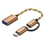 สายอะแดปเตอร์ถักไนลอน USB 3.0 ตัวเมียเป็น Micro USB + USB-C / Type-C ตัวผู้ สำหรับชาร์จและถ่ายโอนข้อมูล OTG ความยาวสาย 17 ซม., Micro USB 17 ซม. สีเทา, Micro USB 17 ซม. สีทอง