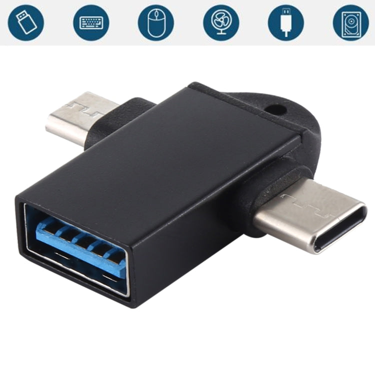 อะแดปเตอร์ OTG มัลติฟังก์ชัน USB 3.0 ตัวเมียเป็น USB-C / Type-C ตัวผู้ + Micro USB ตัวผู้ พร้อมรูสำหรับแขวน