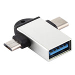 อะแดปเตอร์ OTG มัลติฟังก์ชัน USB 3.0 ตัวเมียเป็น USB-C / Type-C ตัวผู้ + Micro USB ตัวผู้ พร้อมรูสำหรับแขวน