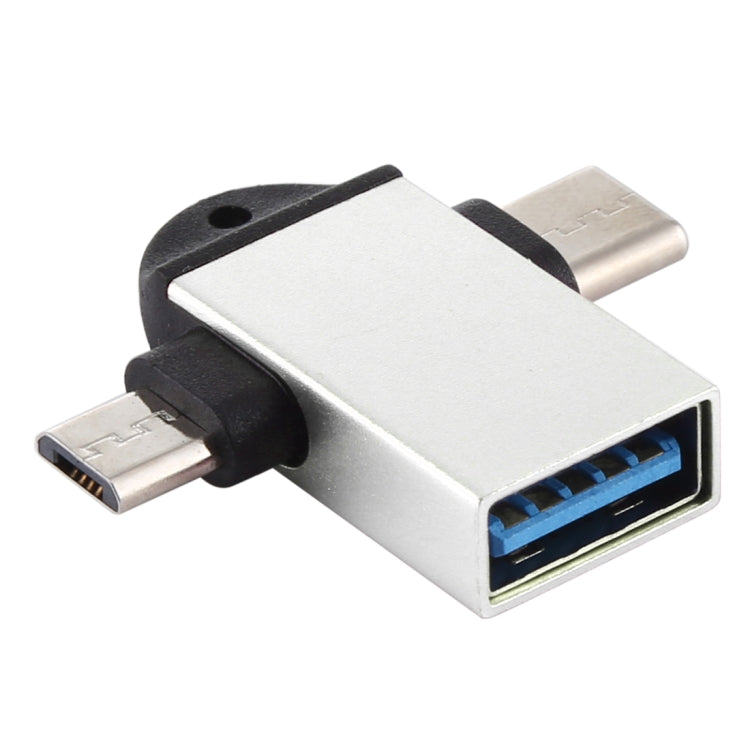อะแดปเตอร์ OTG มัลติฟังก์ชัน USB 3.0 ตัวเมียเป็น USB-C / Type-C ตัวผู้ + Micro USB ตัวผู้ พร้อมรูสำหรับแขวน