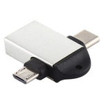 อะแดปเตอร์ OTG มัลติฟังก์ชัน USB 3.0 ตัวเมียเป็น USB-C / Type-C ตัวผู้ + Micro USB ตัวผู้ พร้อมรูสำหรับแขวน