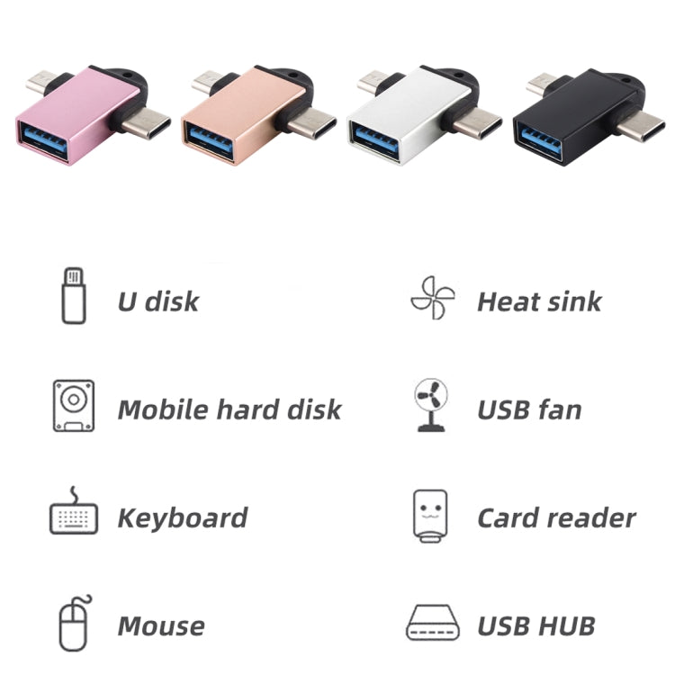 อะแดปเตอร์ OTG มัลติฟังก์ชัน USB 3.0 ตัวเมียเป็น USB-C / Type-C ตัวผู้ + Micro USB ตัวผู้ พร้อมรูสำหรับแขวน