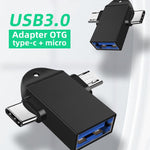 อะแดปเตอร์ OTG มัลติฟังก์ชัน USB 3.0 ตัวเมียเป็น USB-C / Type-C ตัวผู้ + Micro USB ตัวผู้ พร้อมรูสำหรับแขวน