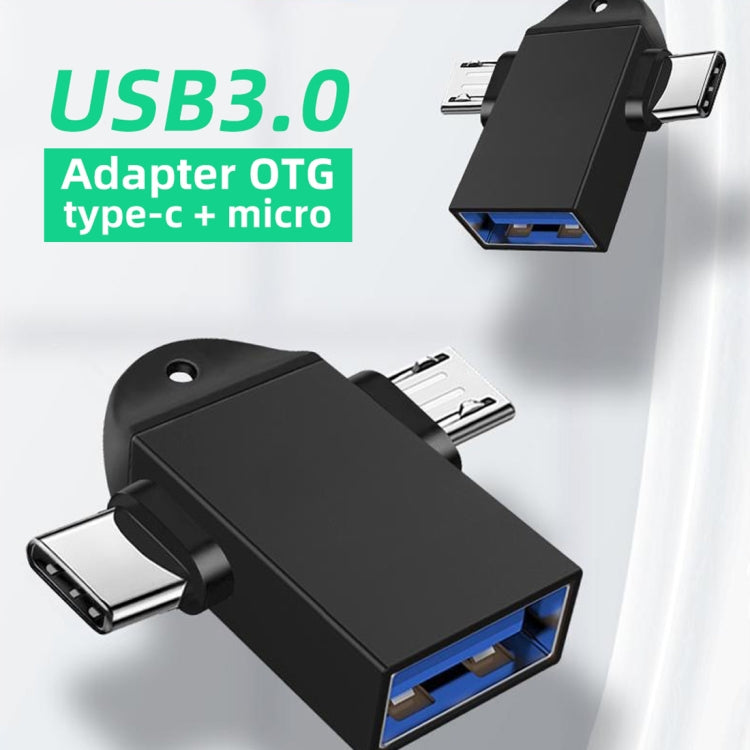 อะแดปเตอร์ OTG มัลติฟังก์ชัน USB 3.0 ตัวเมียเป็น USB-C / Type-C ตัวผู้ + Micro USB ตัวผู้ พร้อมรูสำหรับแขวน