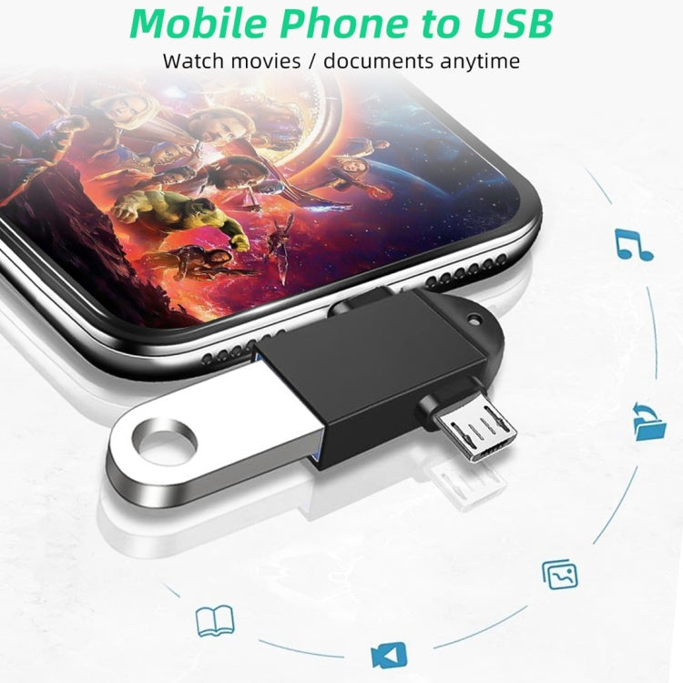 อะแดปเตอร์ OTG มัลติฟังก์ชัน USB 3.0 ตัวเมียเป็น USB-C / Type-C ตัวผู้ + Micro USB ตัวผู้ พร้อมรูสำหรับแขวน
