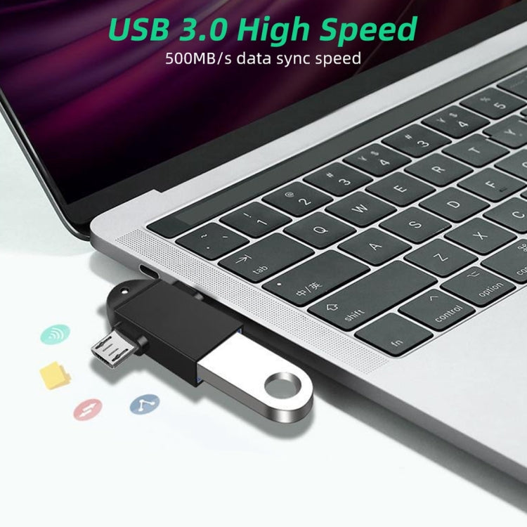 อะแดปเตอร์ OTG มัลติฟังก์ชัน USB 3.0 ตัวเมียเป็น USB-C / Type-C ตัวผู้ + Micro USB ตัวผู้ พร้อมรูสำหรับแขวน