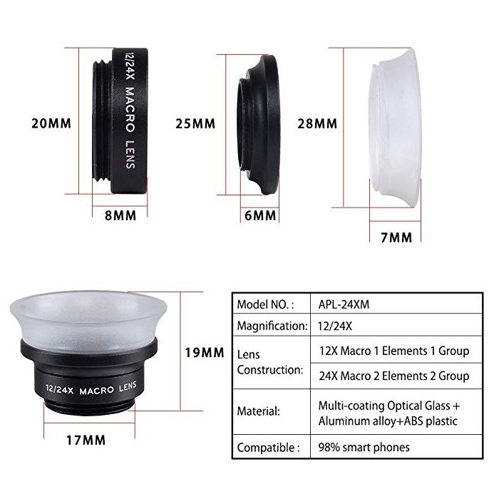 APEXEL APL-24X-H เลนส์มือถือภายนอกอเนกประสงค์ 2 in 1 12X & 24X มาโคร พร้อมฮูดเลนส์