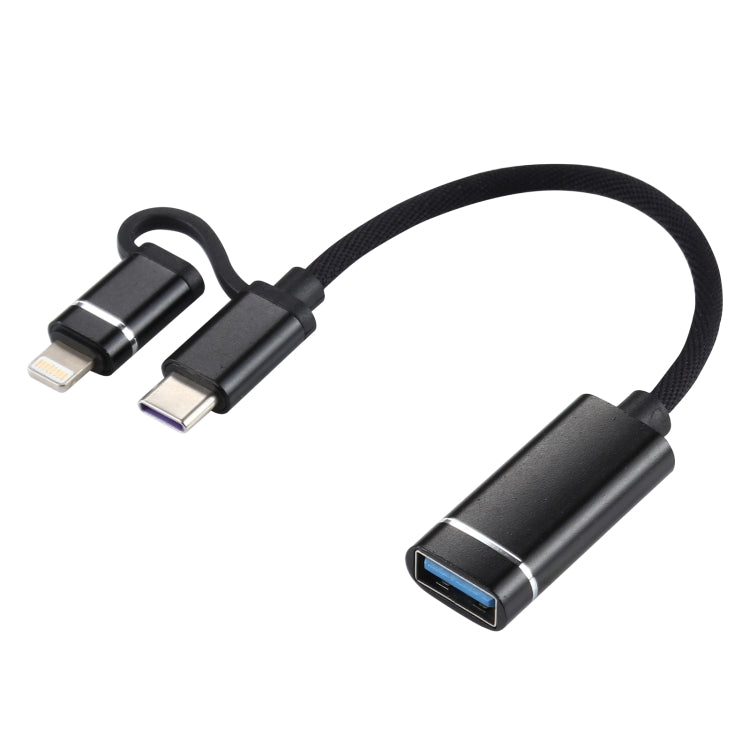 สายแปลงอะแดปเตอร์ถักไนลอน USB 3.0 ตัวเมียเป็น 8 Pin + USB-C / Type-C ตัวผู้ สำหรับชาร์จและถ่ายโอนข้อมูล OTG ความยาวสาย: 11 ซม. 8 Pin สีเงิน + ขาว, 8 Pin สีดำ, 8 Pin สีเงิน, 8 Pin สีแดง, 8 Pin สีน้ำเงิน