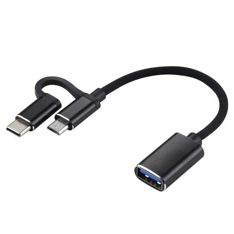 สายอะแดปเตอร์ OTG ถักไนลอน USB 3.0 ตัวเมียเป็น Micro USB + USB-C / Type-C ตัวผู้ สำหรับชาร์จและถ่ายโอนข้อมูล, ความยาวสาย: 11 ซม., Micro USB สีดำ, Micro USB สีน้ำเงิน, Micro USB สีแดง, Micro USB สีเงิน, Micro USB สีขาว