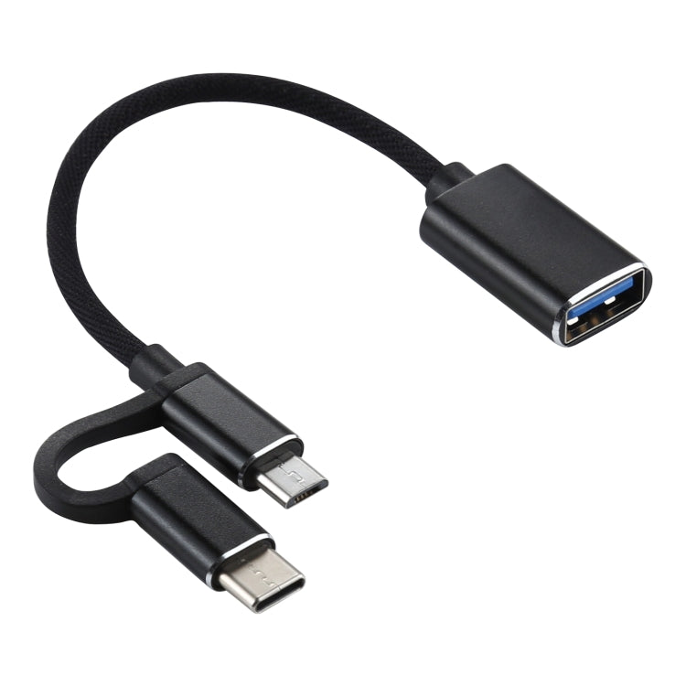 สายอะแดปเตอร์ OTG ถักไนลอน USB 3.0 ตัวเมียเป็น Micro USB + USB-C / Type-C ตัวผู้ สำหรับชาร์จและถ่ายโอนข้อมูล, ความยาวสาย: 11 ซม., Micro USB สีดำ, Micro USB สีน้ำเงิน, Micro USB สีแดง, Micro USB สีเงิน, Micro USB สีขาว