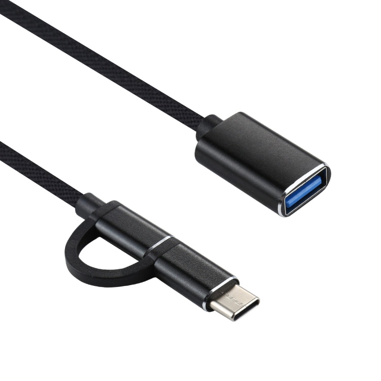 สายอะแดปเตอร์ OTG ถักไนลอน USB 3.0 ตัวเมียเป็น Micro USB + USB-C / Type-C ตัวผู้ สำหรับชาร์จและถ่ายโอนข้อมูล, ความยาวสาย: 11 ซม., Micro USB สีดำ, Micro USB สีน้ำเงิน, Micro USB สีแดง, Micro USB สีเงิน, Micro USB สีขาว