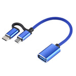 สายอะแดปเตอร์ OTG ถักไนลอน USB 3.0 ตัวเมียเป็น Micro USB + USB-C / Type-C ตัวผู้ สำหรับชาร์จและถ่ายโอนข้อมูล, ความยาวสาย: 11 ซม., Micro USB สีดำ, Micro USB สีน้ำเงิน, Micro USB สีแดง, Micro USB สีเงิน, Micro USB สีขาว