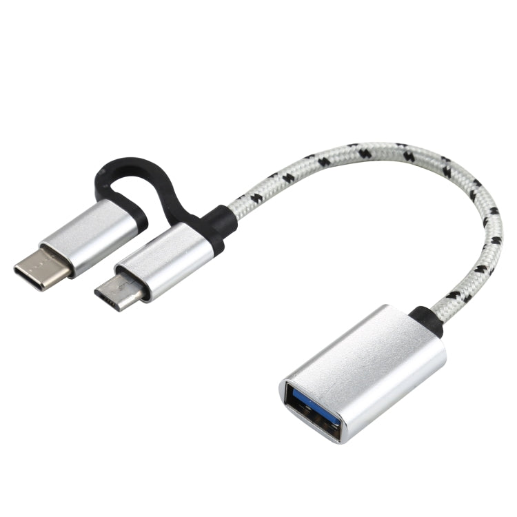 สายอะแดปเตอร์ OTG ถักไนลอน USB 3.0 ตัวเมียเป็น Micro USB + USB-C / Type-C ตัวผู้ สำหรับชาร์จและถ่ายโอนข้อมูล, ความยาวสาย: 11 ซม., Micro USB สีดำ, Micro USB สีน้ำเงิน, Micro USB สีแดง, Micro USB สีเงิน, Micro USB สีขาว