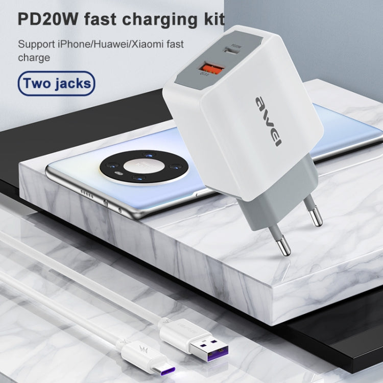 awei PD4 ชาร์จเร็ว 20W PD Type-C + QC 3.0 อินเทอร์เฟซ USB ชาร์จเดินทางพร้อมสายข้อมูล ปลั๊ก EU