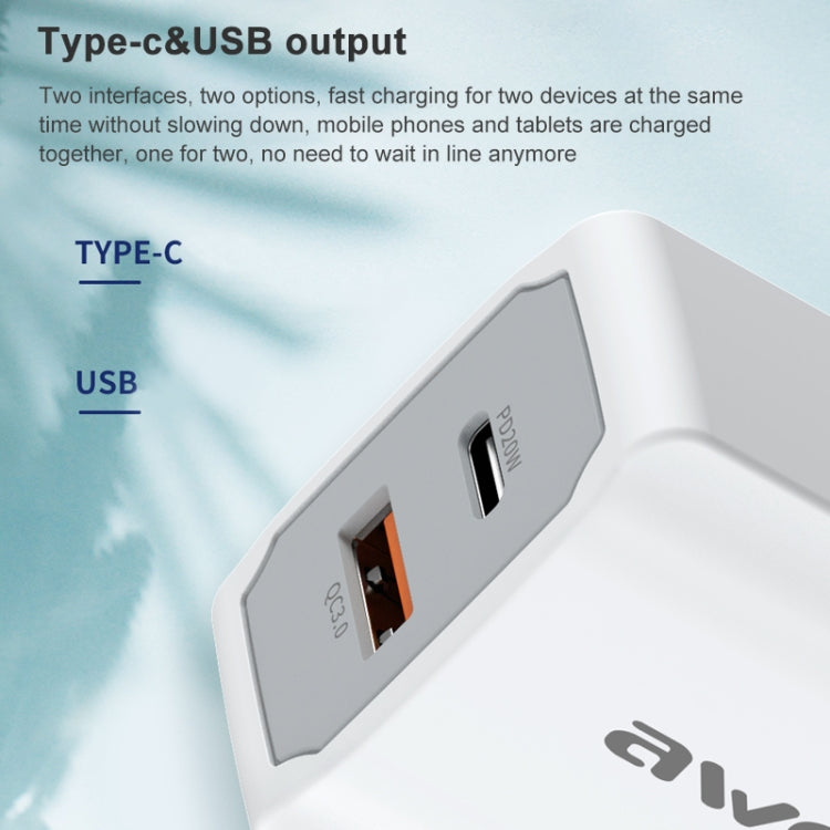 awei PD4 ชาร์จเร็ว 20W PD Type-C + QC 3.0 อินเทอร์เฟซ USB ชาร์จเดินทางพร้อมสายข้อมูล ปลั๊ก EU