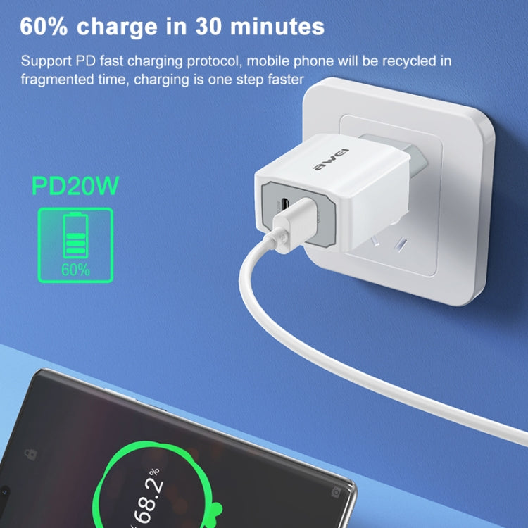 awei PD4 ชาร์จเร็ว 20W PD Type-C + QC 3.0 อินเทอร์เฟซ USB ชาร์จเดินทางพร้อมสายข้อมูล ปลั๊ก EU