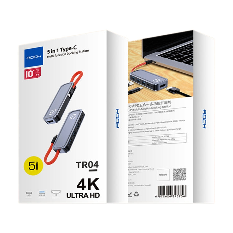 แท่นต่อพ่วงมัลติฟังก์ชัน ROCK RT16 5 in 1 Type-C / USB-C เป็น HDMI + USB 3.0 x 4 HUB แปลงและขยาย, รุ่น RT16