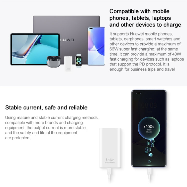 อะแดปเตอร์ชาร์จพลังงาน Huawei 66W GaN แบบบางพิเศษสำหรับเดินทาง พร้อมสาย Type-C / USB-C