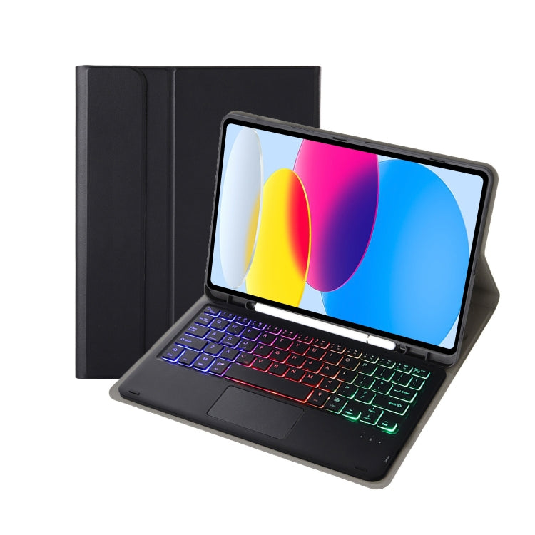 สำหรับ iPad 11 2025 / รุ่นที่ 10 10.9 2022 A10B-AS เคสแท็บเล็ตหนังคีย์บอร์ดสัมผัสบลูทูธไฟแบ็คไลท์ผิวสัมผัสหนังลูกแกะ พร้อมช่องใส่ปากกา, A10B-AS