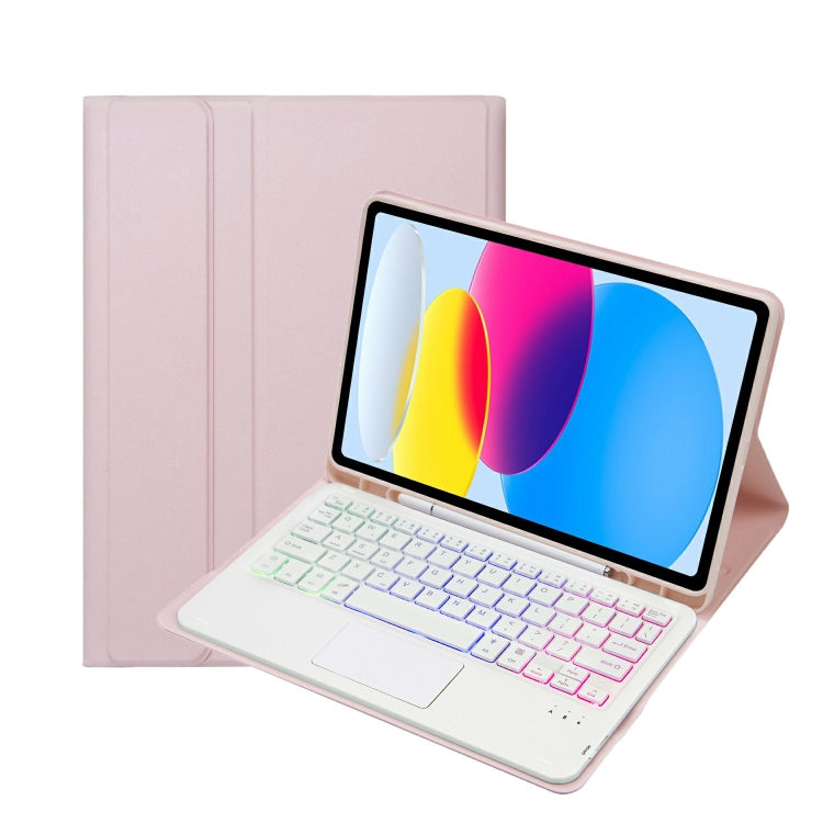 สำหรับ iPad 11 2025 / รุ่นที่ 10 10.9 2022 A10B-AS เคสแท็บเล็ตหนังคีย์บอร์ดสัมผัสบลูทูธไฟแบ็คไลท์ผิวสัมผัสหนังลูกแกะ พร้อมช่องใส่ปากกา, A10B-AS
