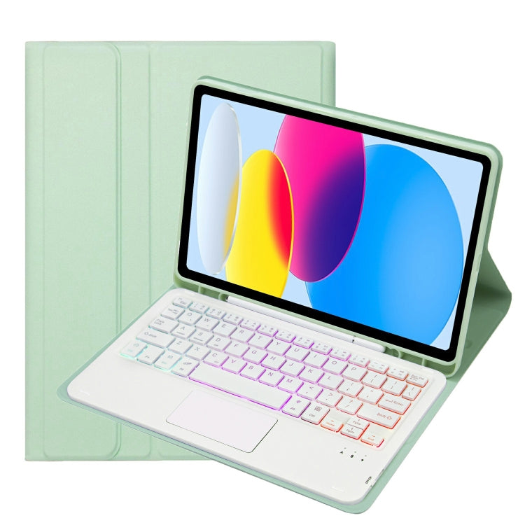สำหรับ iPad 11 2025 / รุ่นที่ 10 10.9 2022 A10B-AS เคสแท็บเล็ตหนังคีย์บอร์ดสัมผัสบลูทูธไฟแบ็คไลท์ผิวสัมผัสหนังลูกแกะ พร้อมช่องใส่ปากกา, A10B-AS