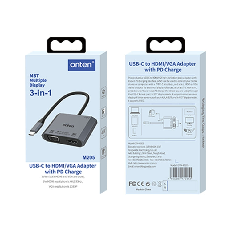 Onten M205 ตัวแปลงวิดีโอ 3 in 1 Type-C เป็น HDMI+VGA+PD ชาร์จเร็ว รุ่น M205