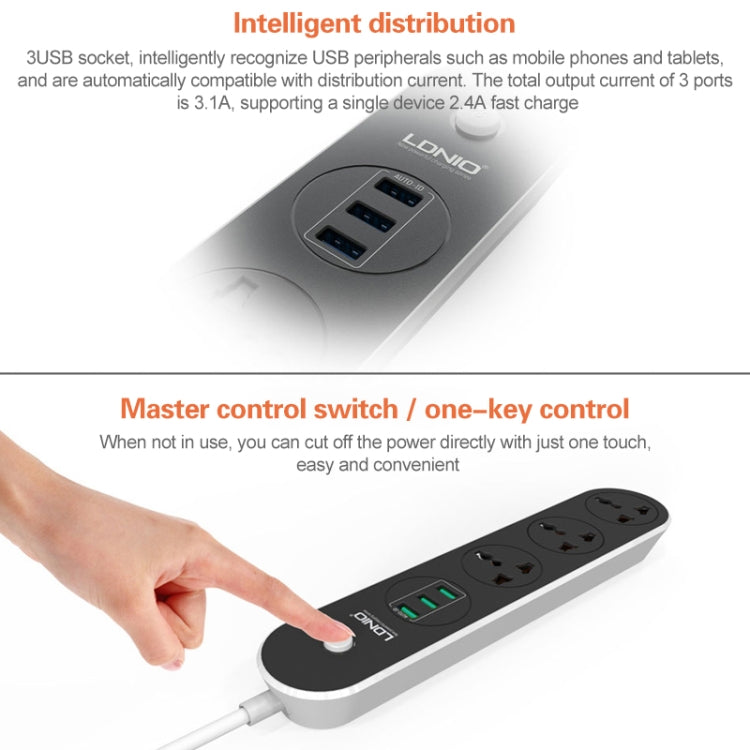 ปลั๊กไฟ LDNIO SC3301 3 พอร์ต USB สำหรับเดินทางและสำนักงาน, ความยาวสาย 1.6 ม., ปลั๊ก US, รหัส SAS8610AUS, SAS8610BUS, SAS8610EU, SAS8610UK