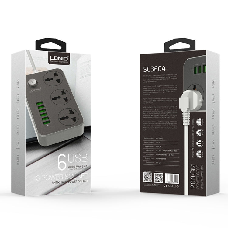 LDNIO SC3604 ปลั๊กไฟอเนกประสงค์สำหรับเดินทาง ที่บ้าน และสำนักงาน 6 พอร์ต USB, ความยาวสาย: 2 เมตร, ปลั๊กแบบ US, รุ่น SAS8611AUK, SAS8611AUS, SAS8611BUK, SAS8611BUS, SAS8611EU