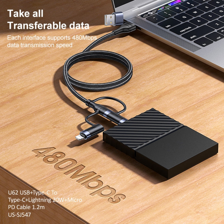 USAMS US-SJ547 U62 สายชาร์จและซิงค์ข้อมูลอลูมิเนียมอัลลอย PD ความเร็วสูง USB + Type-C / USB-C เป็น Type-C / USB-C + 8 Pin + Micro ความยาว: 1.2m