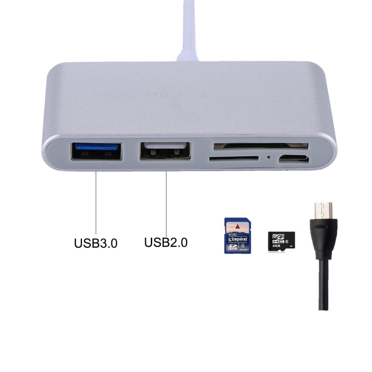 อะแดปเตอร์การ์ดรีดเดอร์ 5 in 1 Micro SD + SD + USB 3.0 + USB 2.0 + Micro USB เป็น USB-C / Type-C OTG สำหรับแท็บเล็ต สมาร์ทโฟน พีซี 5 in 1 (สีเงิน), 5 in 1 (สีทอง)