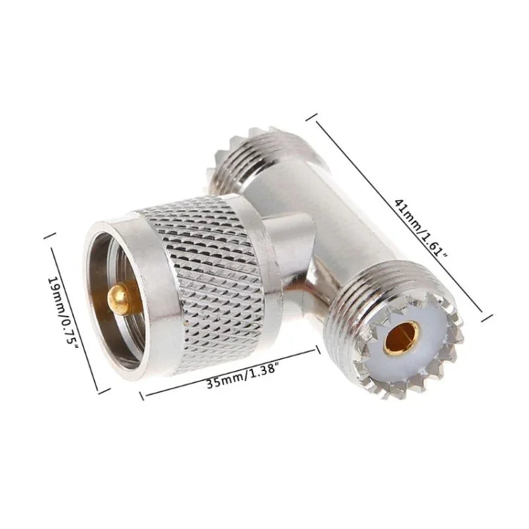อะแดปเตอร์ตัวผู้ PL259 แบบ T-shape UHF เป็นตัวเมีย UHF 2 ตัว