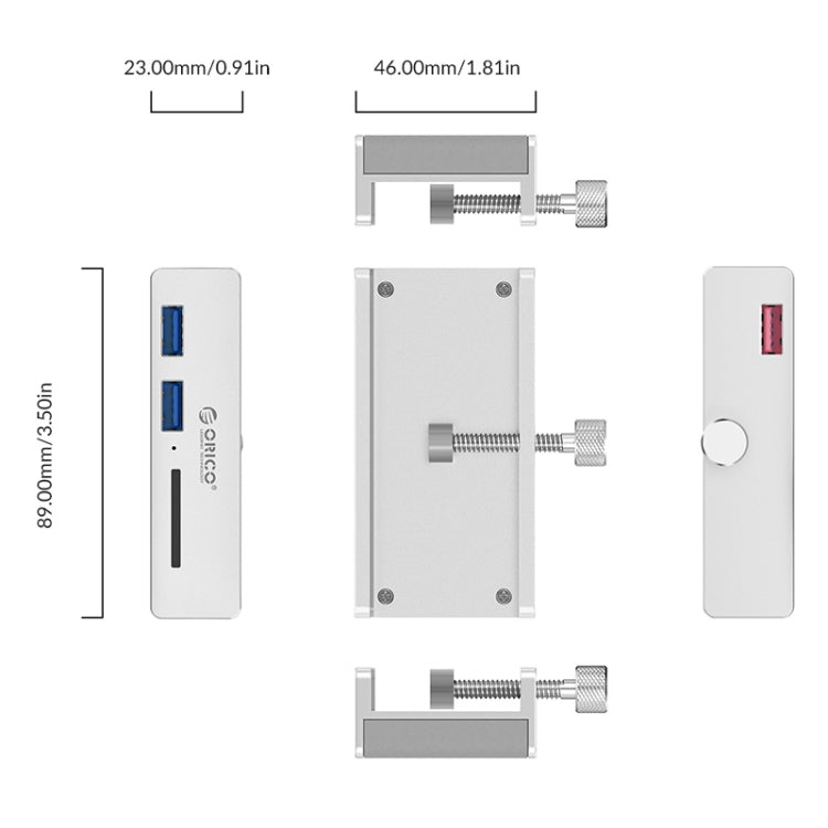 ORICO MH2AC-U3 ฮับ USB3.0 แบบหนีบ 2 พอร์ต พร้อมเครื่องอ่านการ์ด SD