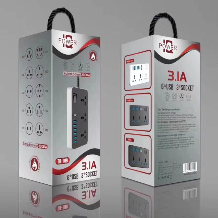 ปลั๊กอเนกประสงค์ T09 3000W แบบเสียบ 3 รู พร้อมช่องชาร์จ USB อัจฉริยะ 6 ช่อง, ปลั๊ก EU, ปลั๊ก US, ปลั๊ก UK