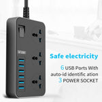 ปลั๊กอเนกประสงค์ T09 3000W แบบเสียบ 3 รู พร้อมช่องชาร์จ USB อัจฉริยะ 6 ช่อง, ปลั๊ก EU, ปลั๊ก US, ปลั๊ก UK
