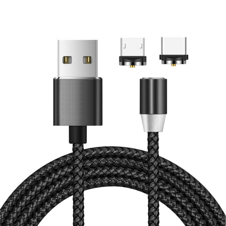สายชาร์จแม่เหล็กโลหะไนลอนถักสองสี 2 in 1 USB เป็น Micro USB + USB-C / Type-C, ความยาวสาย: 1m, Micro USB + USB-C / Type-C