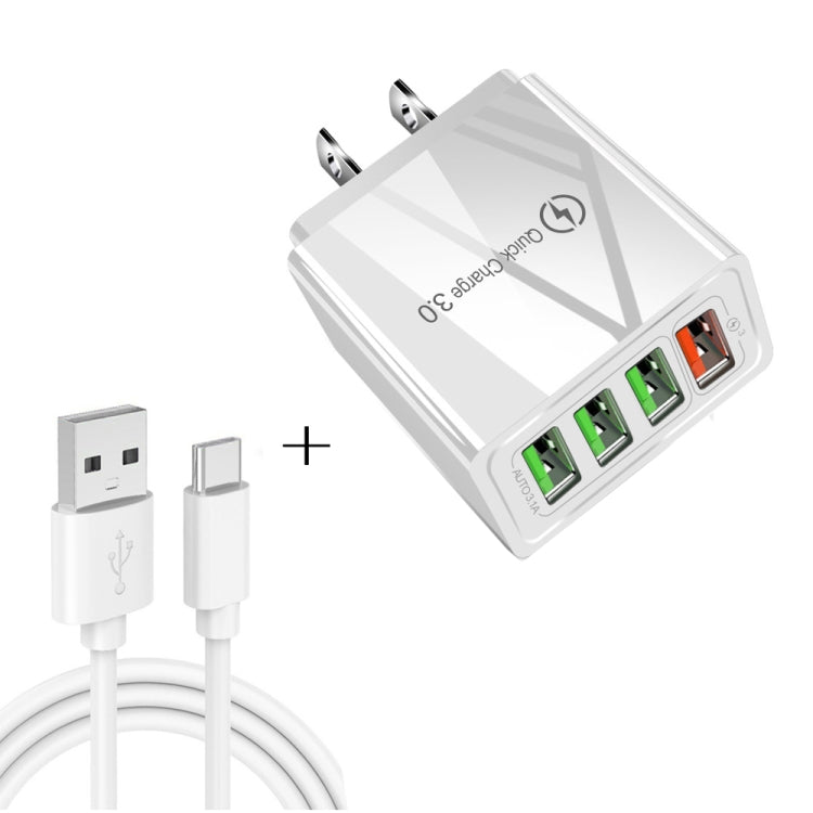 ชุดสายข้อมูล 2 in 1 USB ถึง USB-C / Type-C + ที่ชาร์จเร็ว 30W QC 3.0 4 พอร์ต USB สำหรับโทรศัพท์มือถือ แท็บเล็ต PC แบบอเนกประสงค์ ปลั๊ก US, ชุด USB-C / Type-C ปลั๊ก US
