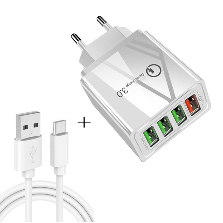 สายข้อมูล 2 in 1 USB เป็น USB-C / Type-C + ชุดชาร์จเร็ว 30W QC 3.0 พร้อมพอร์ต USB 4 ช่อง สำหรับโทรศัพท์มือถือ แท็บเล็ต และพีซี ชาร์จเร็วอเนกประสงค์ ชุดชาร์จเดินทาง พร้อมปลั๊ก EU, ชุด USB-C / Type-C พร้อมปลั๊ก EU