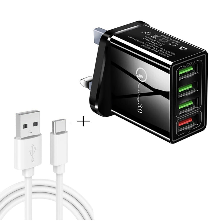 สายข้อมูล 2 in 1 1 เมตร USB เป็น USB-C / Type-C + ชุดชาร์จเร็ว 30W QC 3.0 พร้อมพอร์ต USB 4 ช่อง สำหรับโทรศัพท์มือถือ แท็บเล็ต และพีซี ชาร์จเร็วอเนกประสงค์ ชุดชาร์จเดินทาง พร้อมปลั๊ก UK, ชุด USB-C / Type-C พร้อมปลั๊ก UK