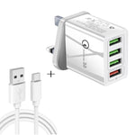 2 in 1 1m USB to USB-C / Type-C Data Cable + 30W QC 3.0 4 USB Interfaces Mobile Phone Tablet PC Universal Quick Charger Travel Charger Set, UK Plug, USB-C / Type-C Set UK Plug