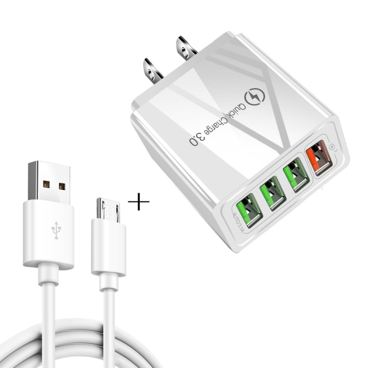 สายข้อมูล 2 in 1 1 เมตร USB เป็น Micro USB + ชุดชาร์จเร็ว 30W QC 3.0 พร้อมพอร์ต USB 4 ช่อง สำหรับโทรศัพท์มือถือ แท็บเล็ต และพีซี ชาร์จเร็วอเนกประสงค์ ชุดชาร์จเดินทาง พร้อมปลั๊ก US, ชุด Micro USB พร้อมปลั๊ก US