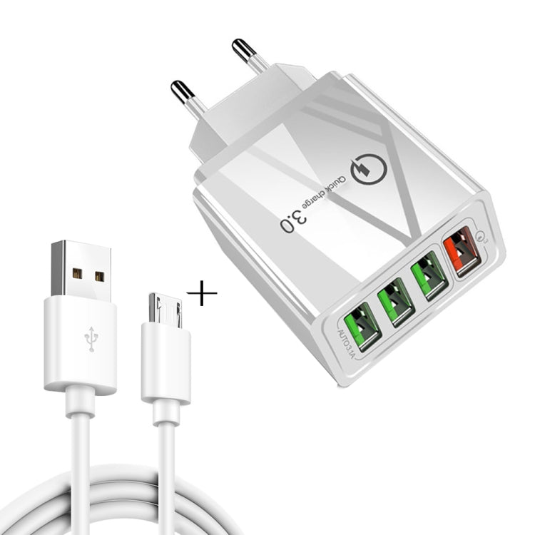 สายข้อมูล 2 in 1 1 เมตร USB เป็น Micro USB + ชุดชาร์จเร็ว 30W QC 3.0 พร้อมพอร์ต USB 4 ช่อง สำหรับโทรศัพท์มือถือ แท็บเล็ต และพีซี ชาร์จเร็วอเนกประสงค์ ชุดชาร์จเดินทาง พร้อมปลั๊ก EU, ชุด Micro USB พร้อมปลั๊ก EU